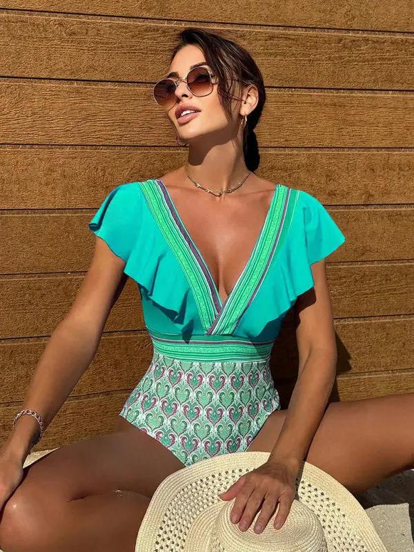 V-neck ruffled backless swimsuit