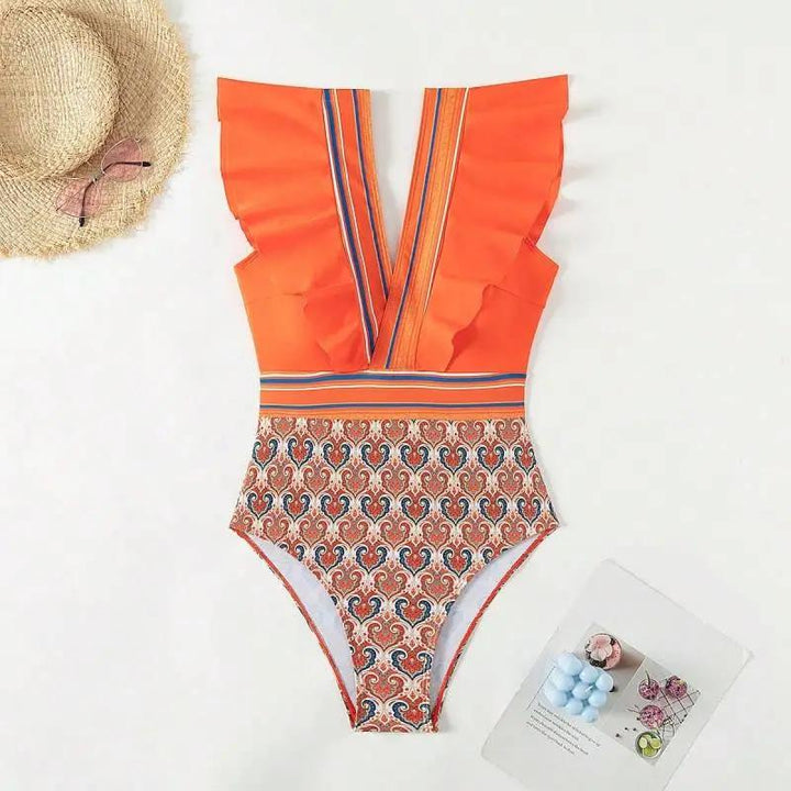 V-neck ruffled backless swimsuit