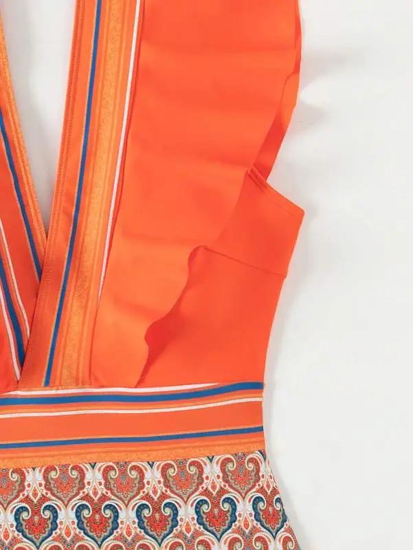 V-neck ruffled backless swimsuit