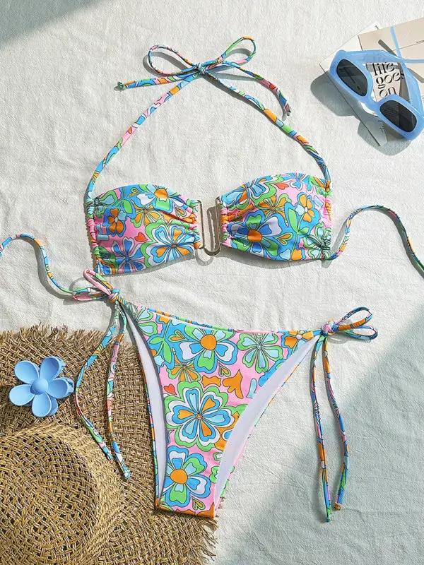 halterneck spaghetti strap floral print lace-up bikini