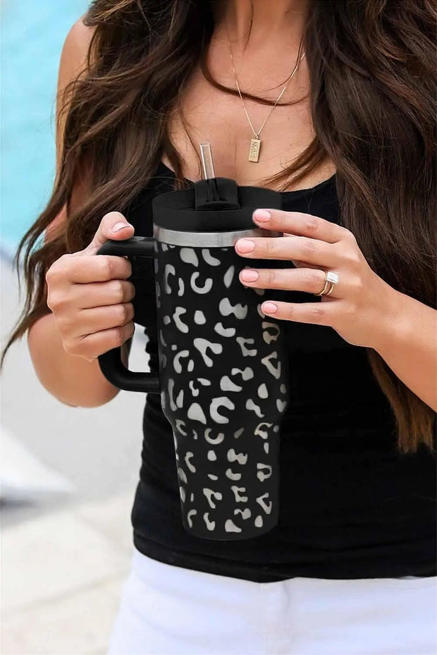 Leopard Print Stainless Steel Portable Cup with Handle - Black / ONE SIZE / Stainless steel