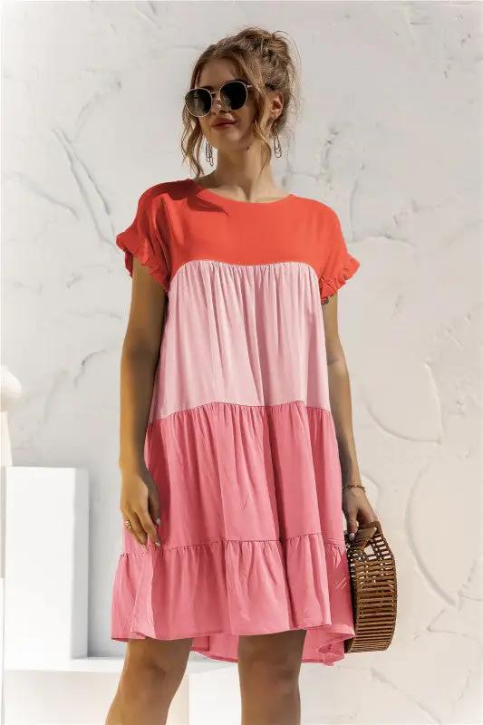 Women's Color Block Loose Short Sleeve Shirt Dress