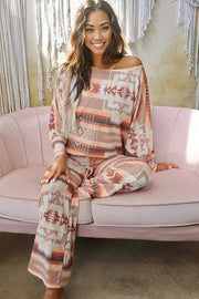 Multicolour Aztec Print Puff Sleeve Pullover and Pants Lounge Outfit -