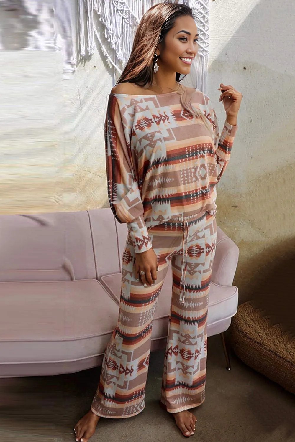 Multicolour Aztec Print Puff Sleeve Pullover and Pants Lounge Outfit -