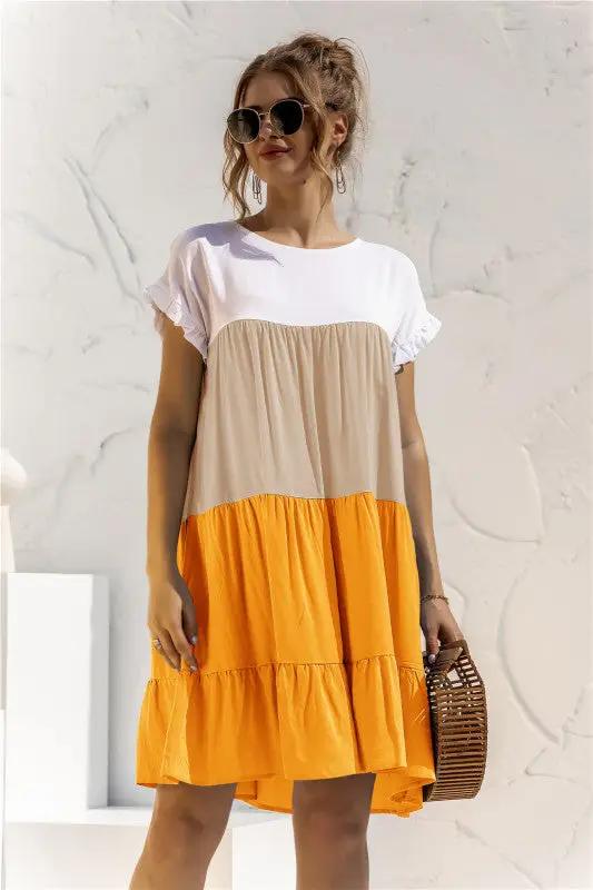 Women's Color Block Loose Short Sleeve Shirt Dress