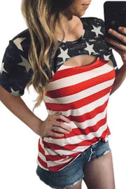 American Flag Cut Out Short Sleeve Crew Neck T Shirt - Black / S