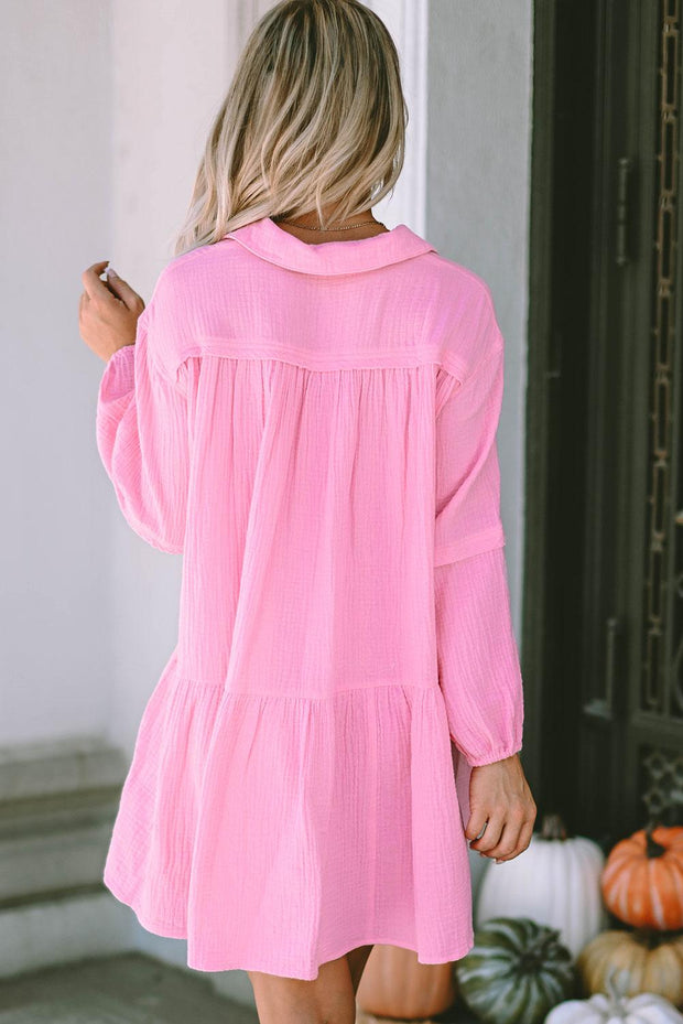 Pink Turn-down Neck Textured Bubble Sleeve Dress -