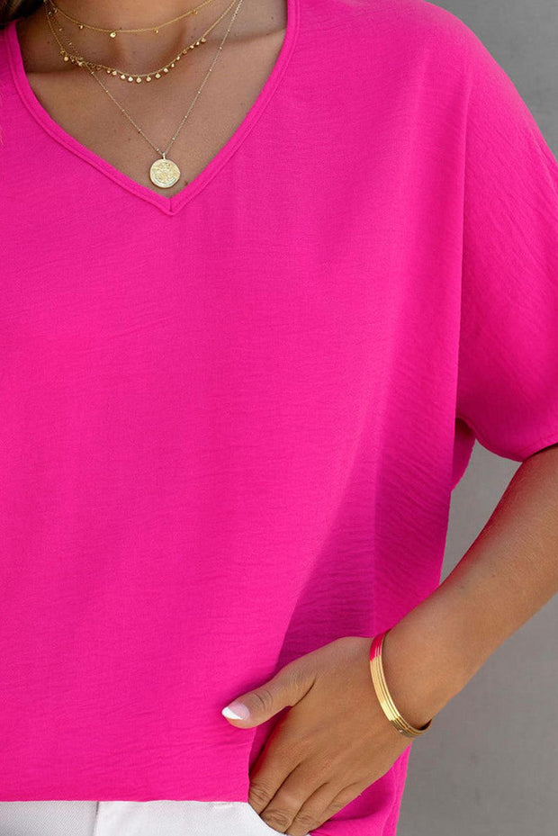 Rose Solid V Neck Short Sleeve Blouse
This solid-color blouse is simple yet fashionable
V-neck, short sleeves, and shift cut make this blouse suitable for summer
This blouse is comfortable with soft andTops