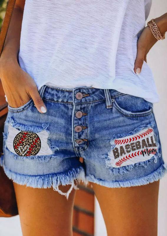 printed patch denim shorts with ripped fringed - Sky blue azure / S