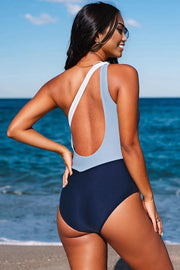 Sky Blue Color Block One Shoulder Backless One-piece Swimwear -