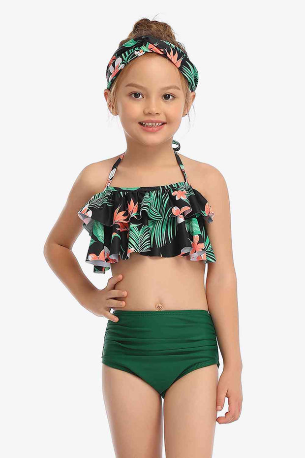 Printed Layered Halter Neck Two-Piece Swim Set - Green Floral / 4T