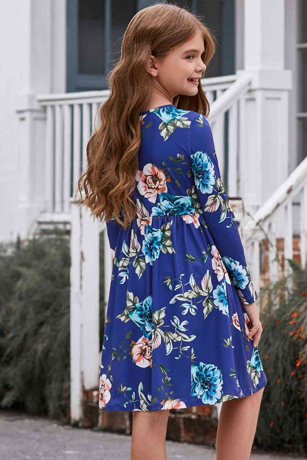 Girls Floral Long Sleeve Dress with Pockets -