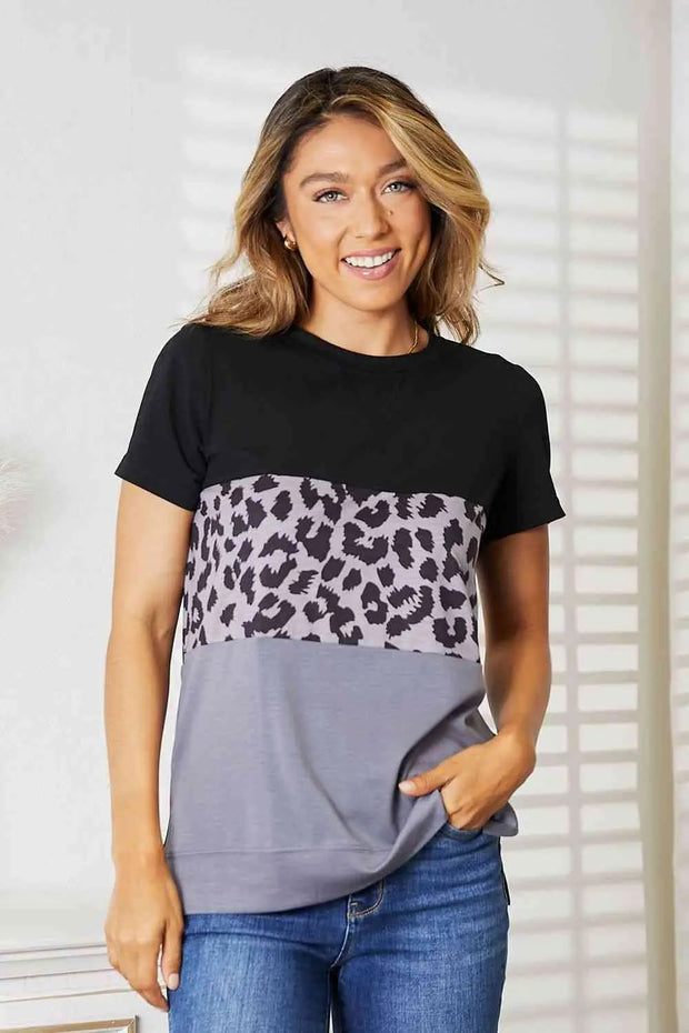 Double Take Leopard Print Color Block Short Sleeve T-Shirt -