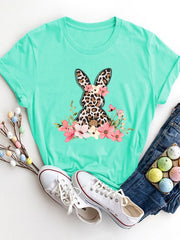 Rabbit Round Neck Short Sleeve T-Shirt - Tiffany Blue / S
