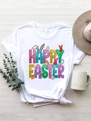 HAPPY EASTER Round Neck Short Sleeve T-Shirt - White / S