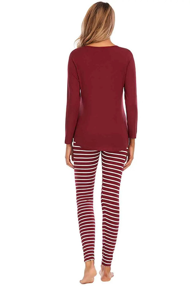 Graphic Round Neck Top and Striped Pants Set -
