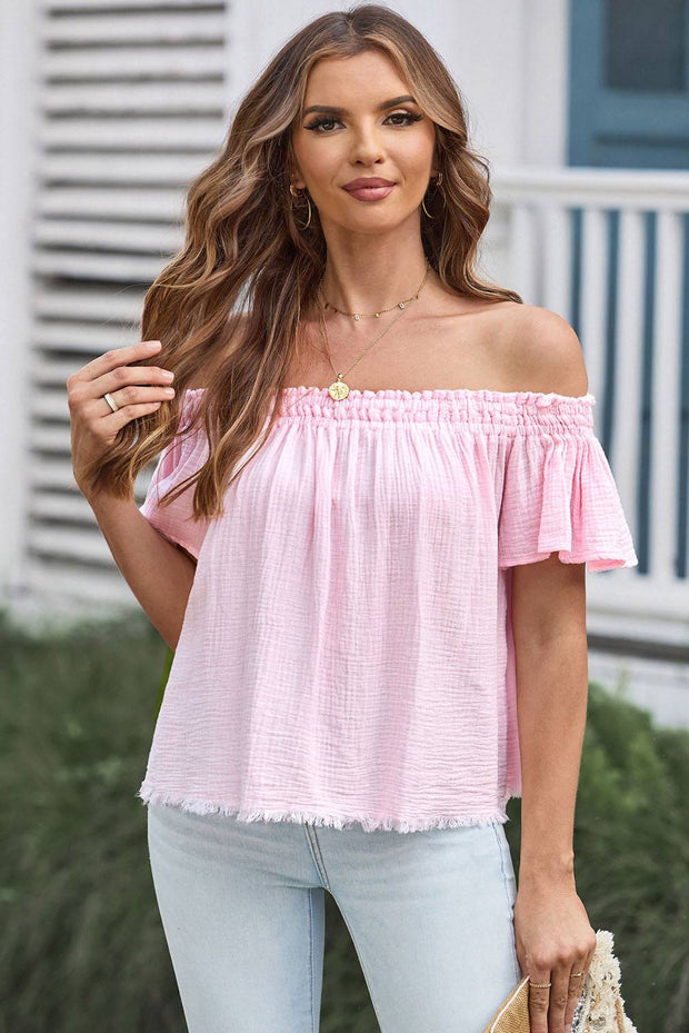 Off-Shoulder Short Sleeve Blouse - Blush Pink / S