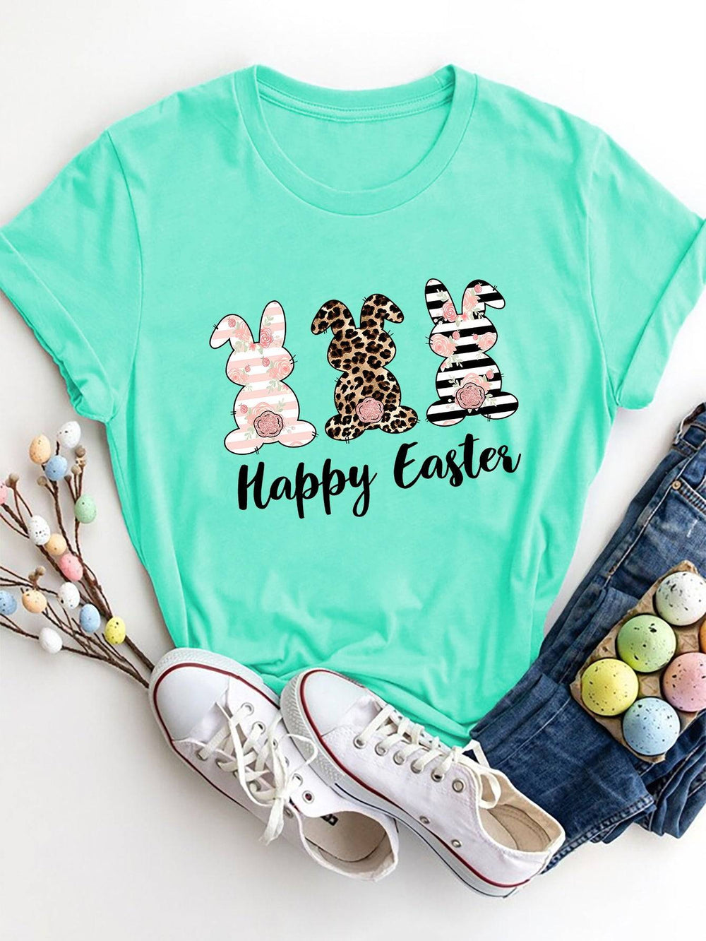 HAPPY EASTER Round Neck Short Sleeve T-Shirt - Tiffany Blue / S