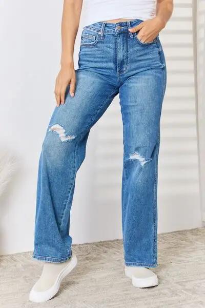 Judy Blue Full Size High Waist Distressed Straight-Leg Jeans - Medium / 0
