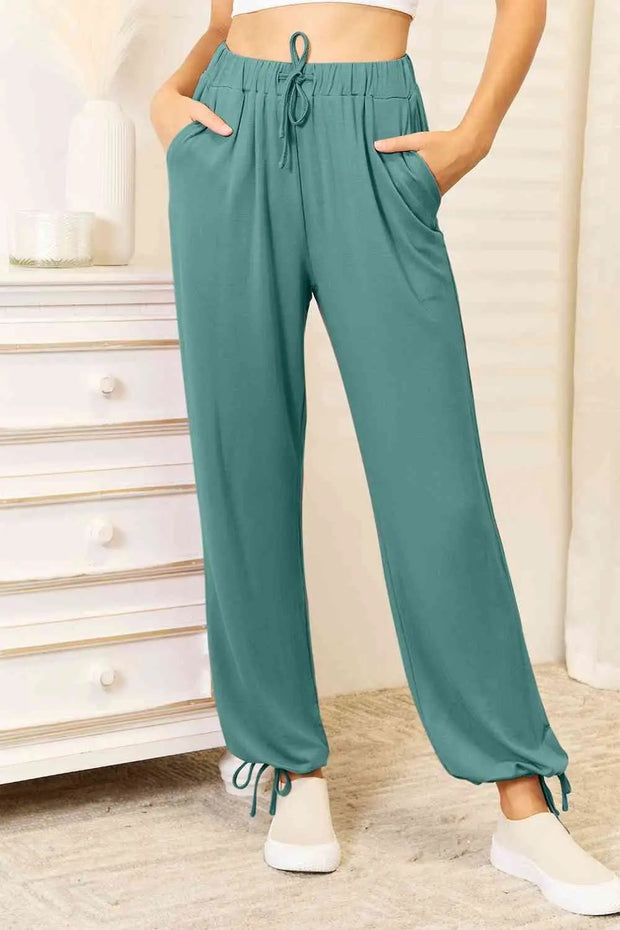 Basic Bae Full Size Soft Rayon Drawstring Waist Pants with Pockets - Teal / S