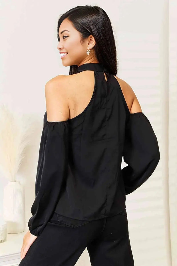 Double Take Grecian Cold Shoulder Long Sleeve Blouse -