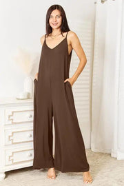 Double Take Full Size Soft Rayon Spaghetti Strap Tied Wide Leg Jumpsuit -