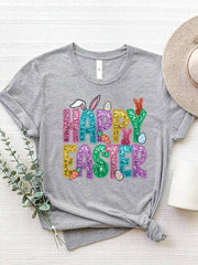 HAPPY EASTER Round Neck Short Sleeve T-Shirt - Heather Gray / S
