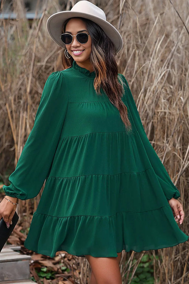 Green Puff Sleeve Mock Neck Back Knot Tiered Dress -