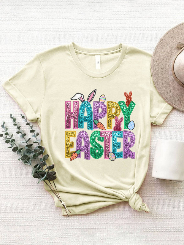 HAPPY EASTER Round Neck Short Sleeve T-Shirt - Cream / S