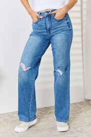 Judy Blue Full Size High Waist Distressed Straight-Leg Jeans -