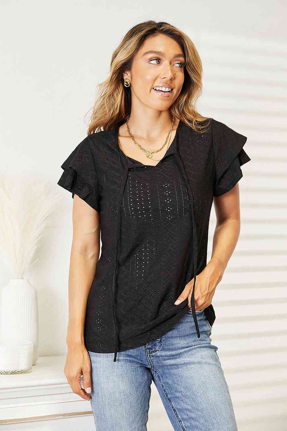 Double Take Eyelet Tie-Neck Flutter Sleeve Blouse - Black / S