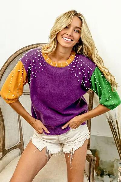 BiBi Color Block Pearl Detail Round Neck Sweater - PURPLE/MUSTARD/GREEN / S