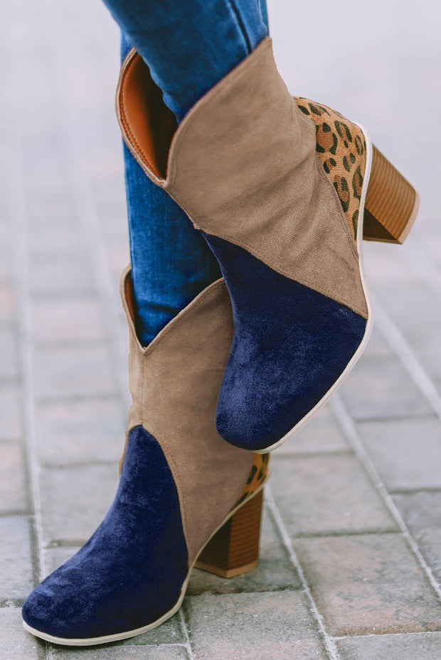 Leopard Print Color Block Patchwork Heeled Boots -