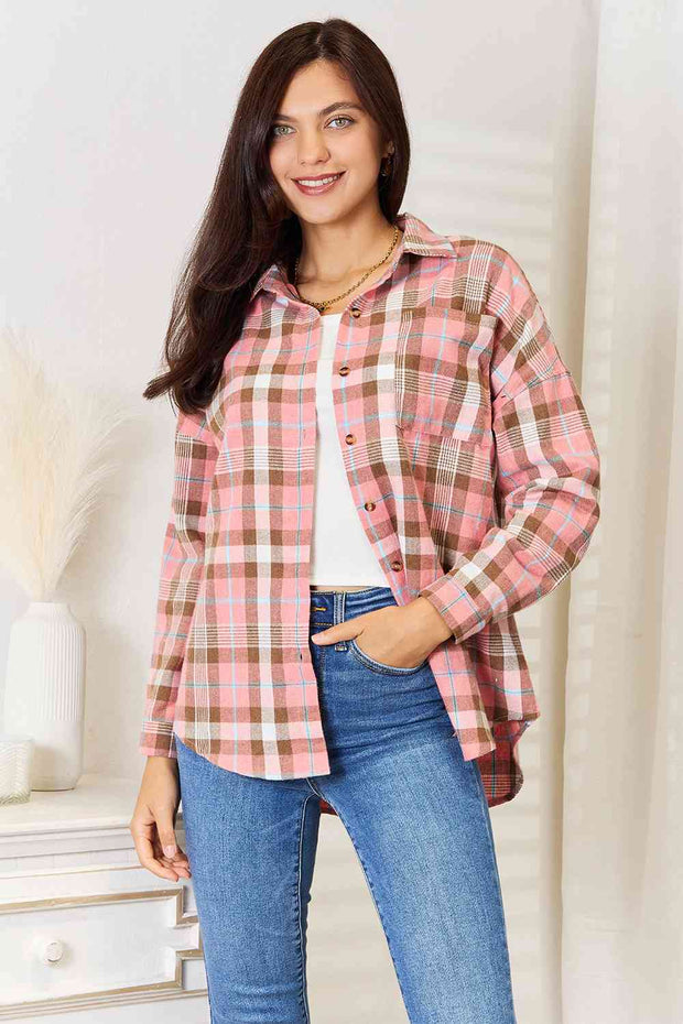 Double Take Plaid Collared Neck Long Sleeve Button-Up Shirt - Peach / S