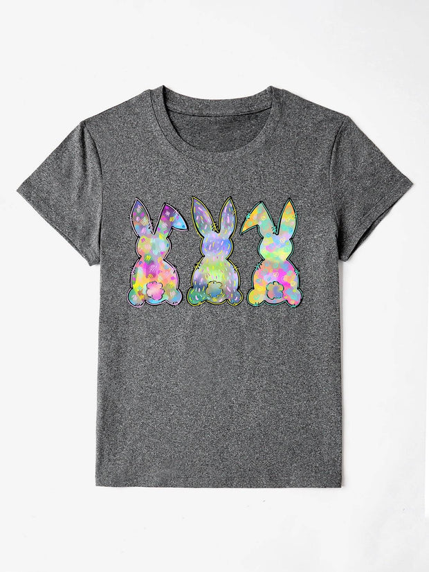 Rabbit Round Neck Short Sleeve T-Shirt - Charcoal / S