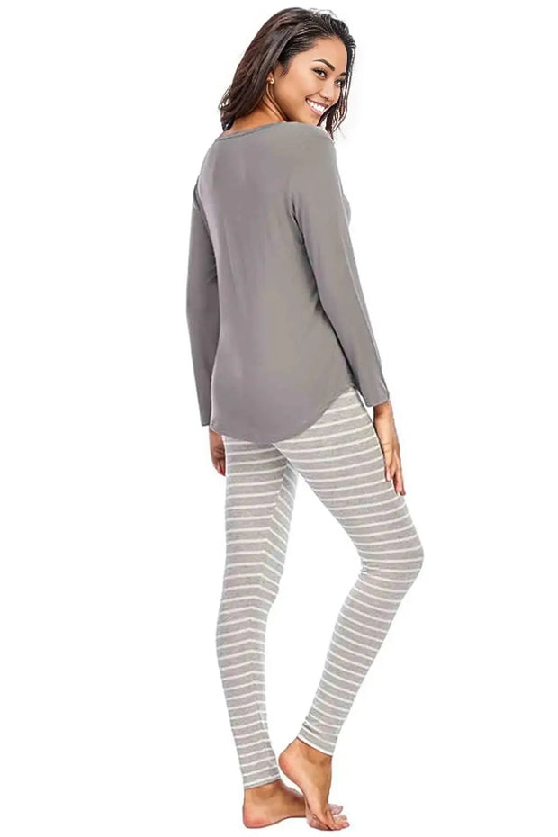 Graphic Round Neck Top and Striped Pants Set -