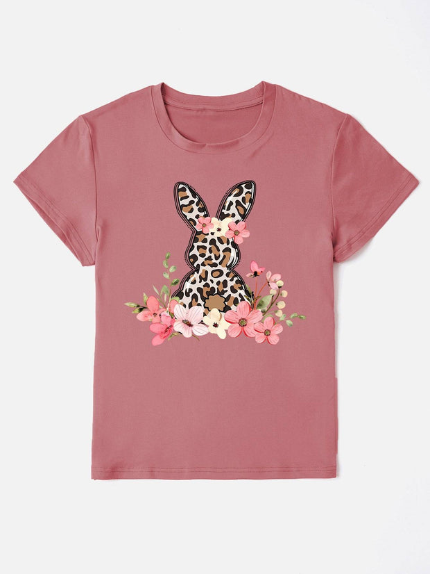 Rabbit Round Neck Short Sleeve T-Shirt - Light Mauve / S