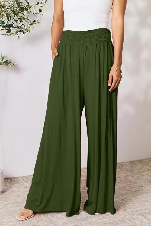 Double Take Full Size Smocked Wide Waistband Wide Leg Pants -