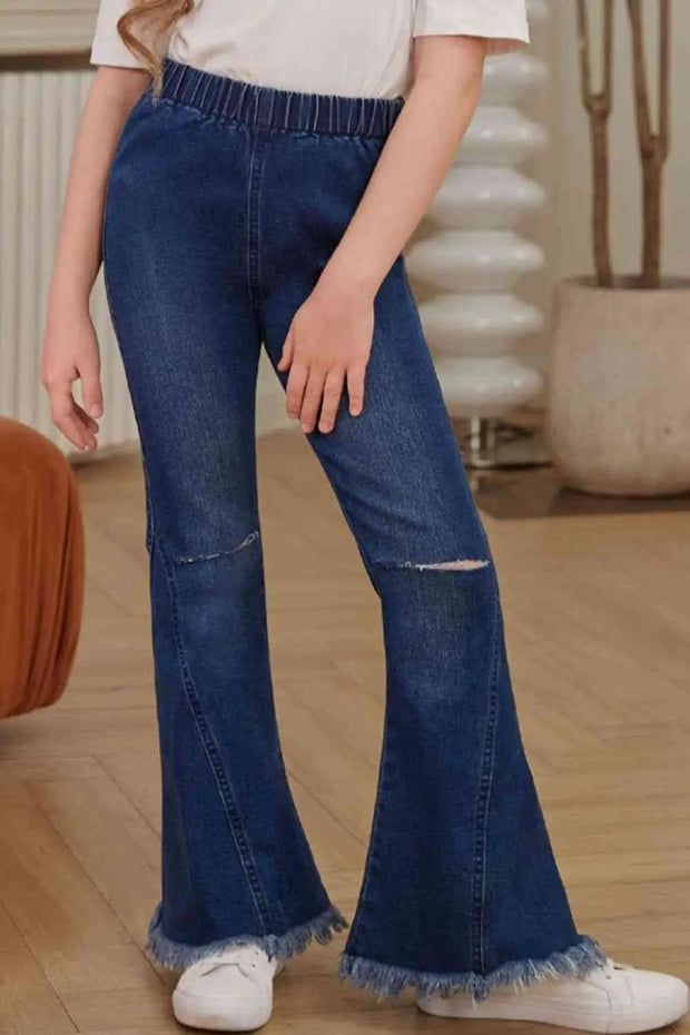 Girls Distressed Frayed Trim Flare Jeans - Medium / 4T