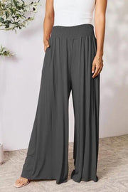 Double Take Full Size Smocked Wide Waistband Wide Leg Pants - Charcoal / S