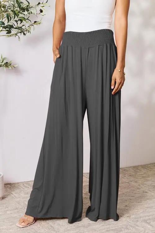 Double Take Full Size Smocked Wide Waistband Wide Leg Pants - Charcoal / S