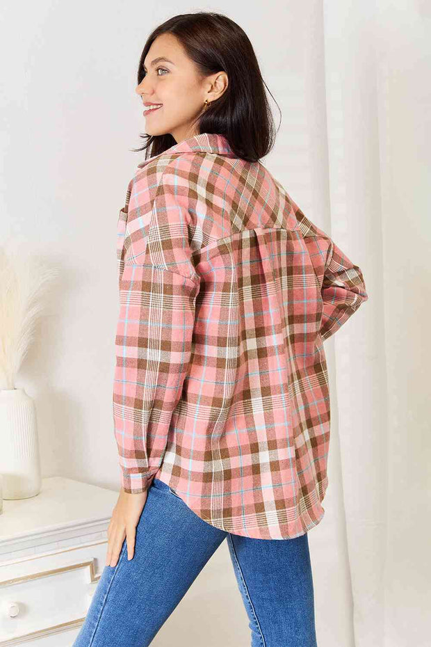 Double Take Plaid Collared Neck Long Sleeve Button-Up Shirt -