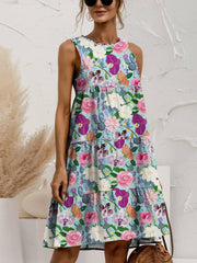 Printed Round Neck Sleeveless Tiered Dress - Floral / S