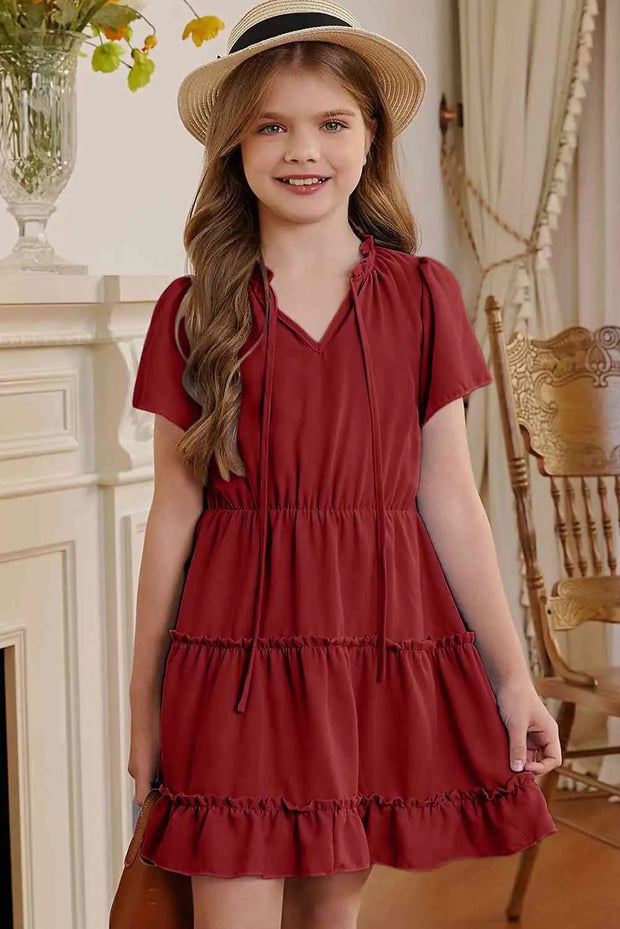 Girls Frilled Notched Neck Puff Sleeve Dress - Deep Red / 4T