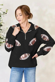 Double Take Full Size Sequin Football Half Zip Long Sleeve Sweatshirt - Black / S