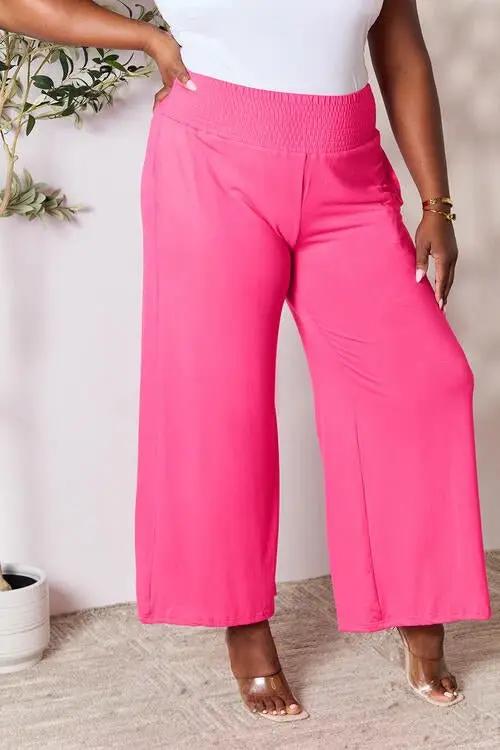 Double Take Full Size Smocked Wide Waistband Wide Leg Pants - Hot Pink / S