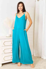Double Take Full Size Soft Rayon Spaghetti Strap Tied Wide Leg Jumpsuit - Sky Blue / S