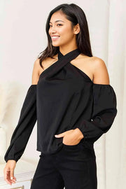 Double Take Grecian Cold Shoulder Long Sleeve Blouse -