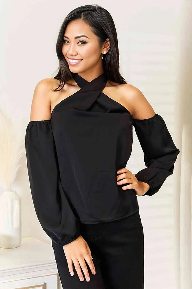 Double Take Grecian Cold Shoulder Long Sleeve Blouse - Black / S