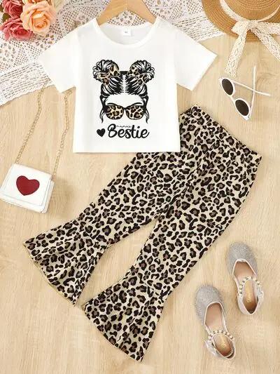 BESTIE Round Neck T-Shirt and Leopard Pants Set - White / 4T
